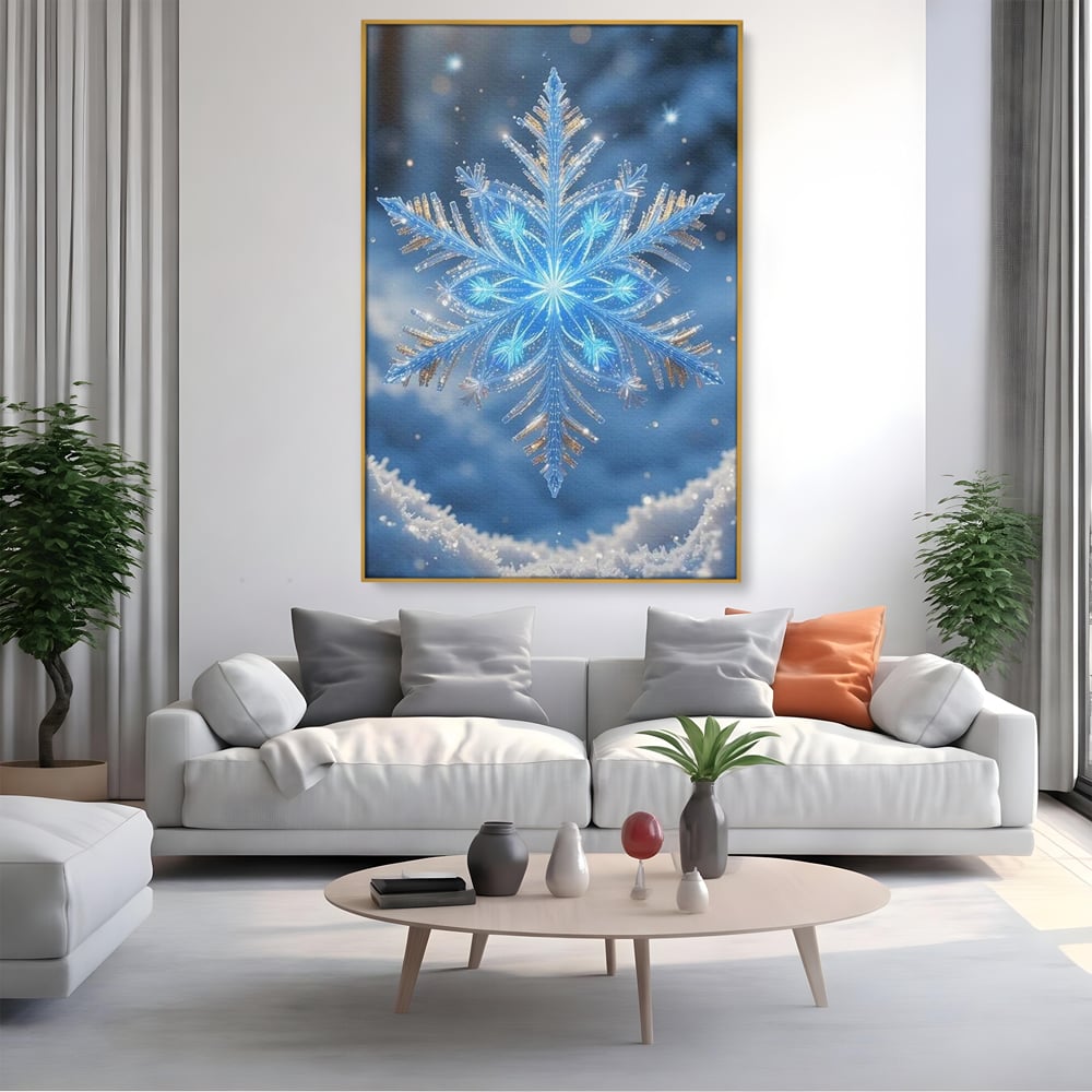 Tablou canvas cu tablou vertical cu fulg de zapada, in rama de aluminiu auriu, pe perete intr-un living